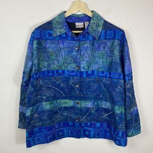 Chico's Design Large Silk Blue Green Heavily Beaded Button Jacket Shacket Blouse